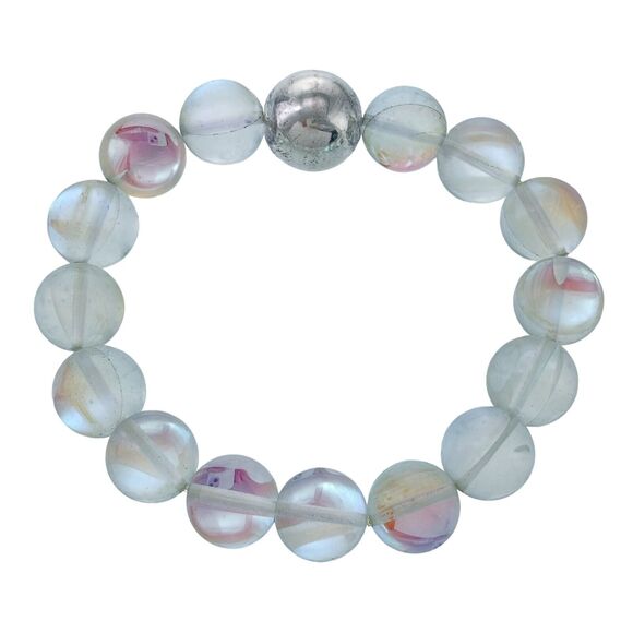 Vintage Silver Tone 12mm Opalescent Frosted Glass Bead Stretch Bracelet 6.25" - Picture 1 of 5